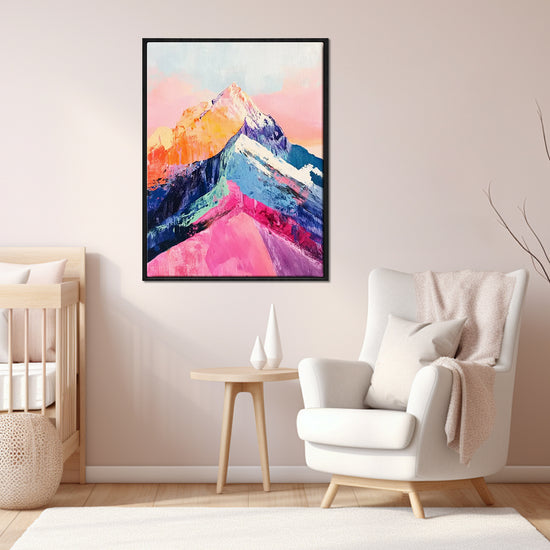black frame abstract colorful mountains wall art canvas above the sofa