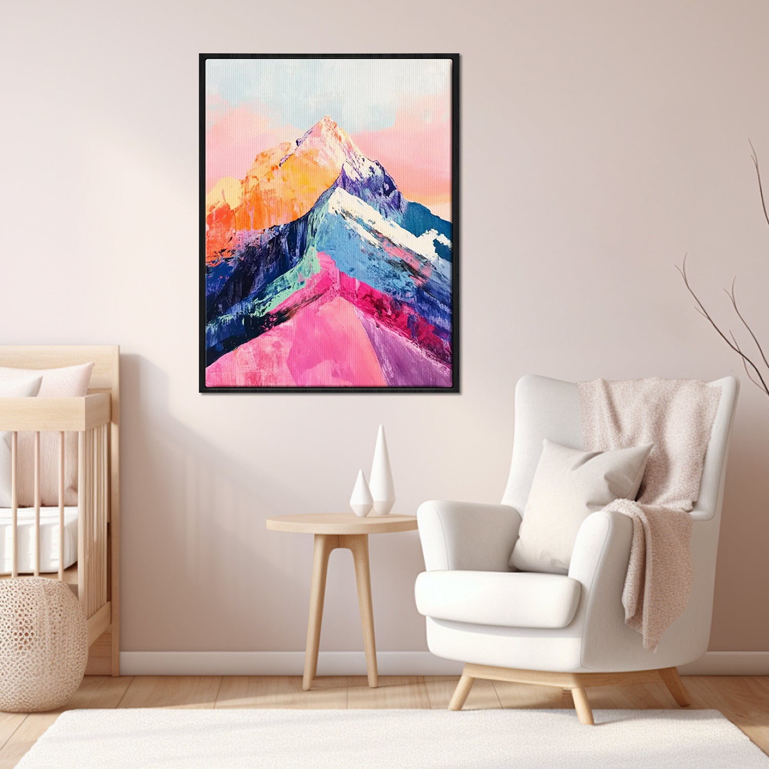 black frame abstract colorful mountains wall art canvas above the sofa