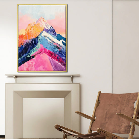 gold frame abstract colorful mountains wall art painting in the living room
