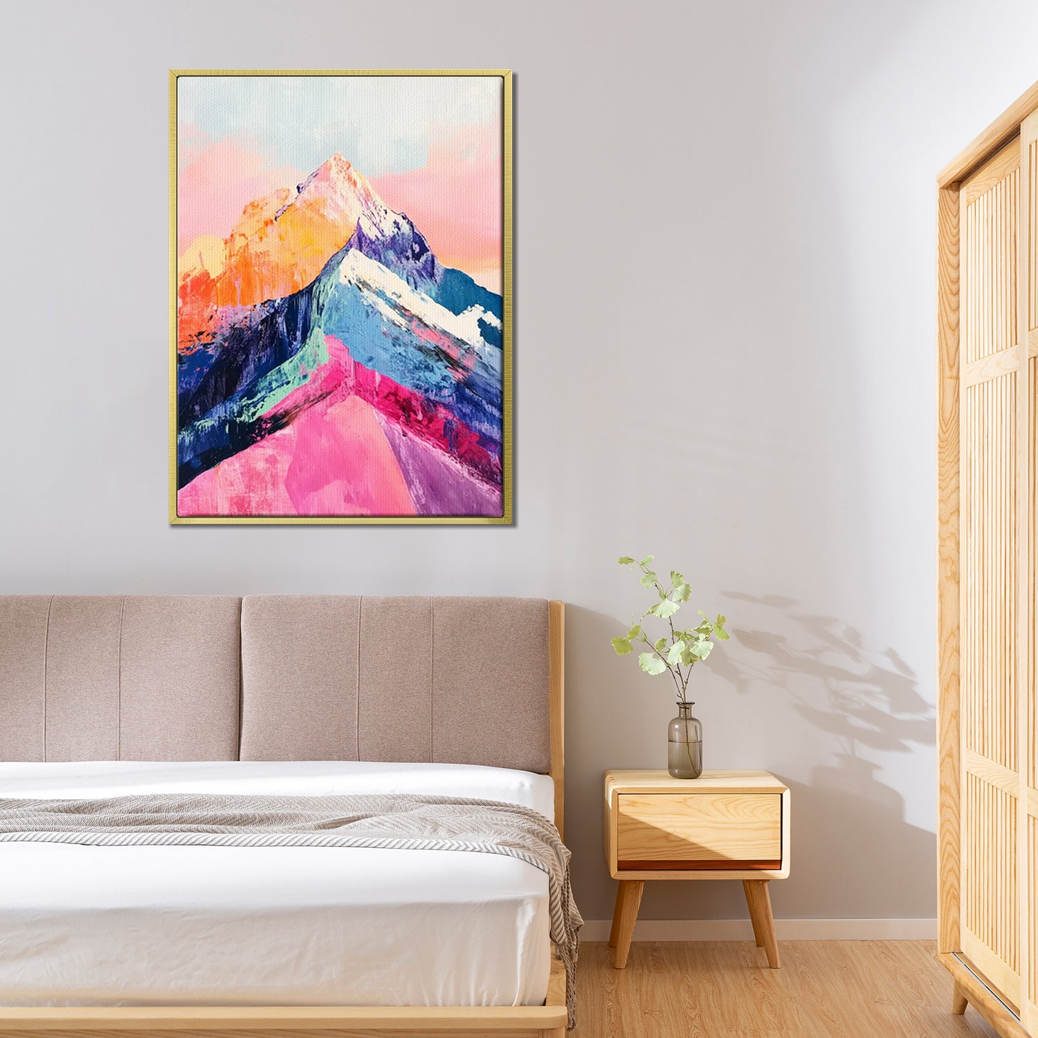 gold frame abstract colorful mountains wall art painting in the bedroom