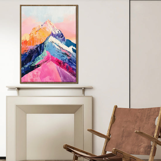 light oak frame abstract colorful mountains wall art painting above the table