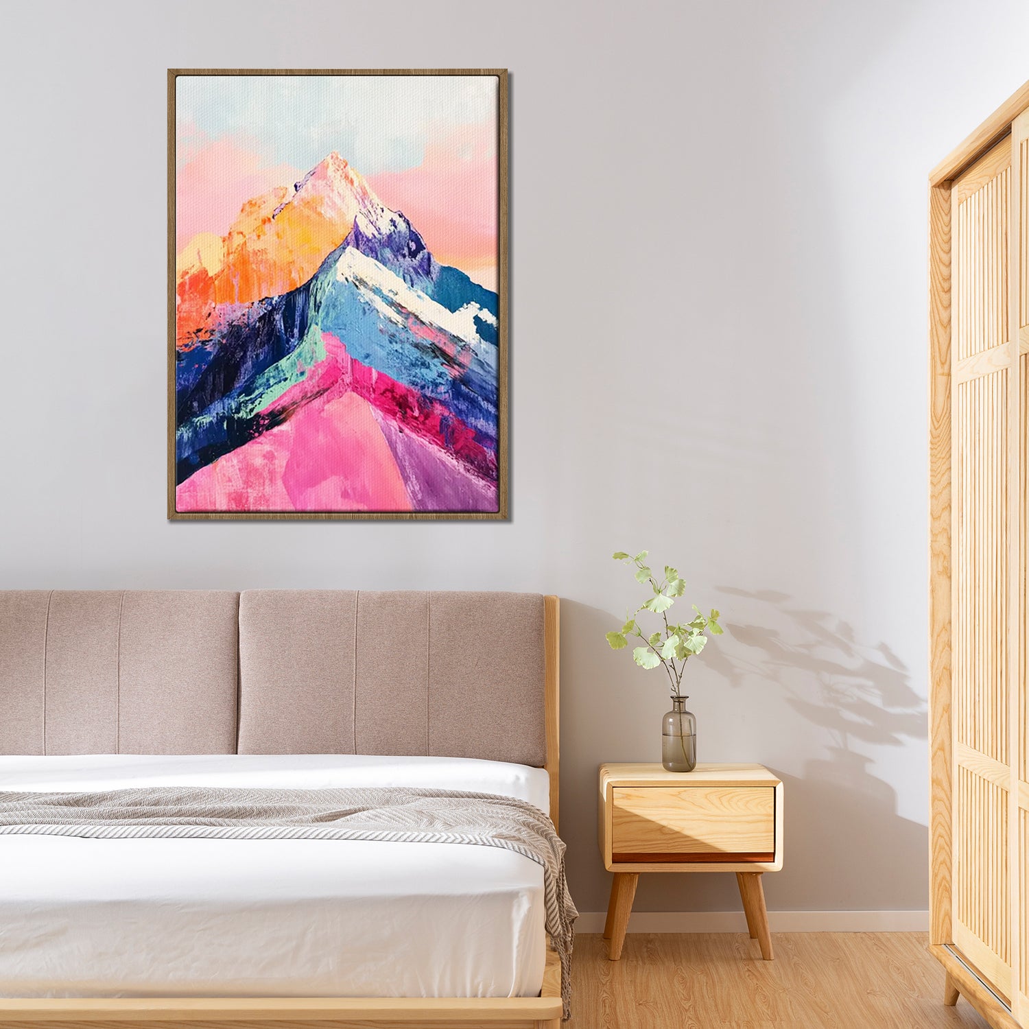 light oak frame abstract colorful mountains wall art painting in the bedroom