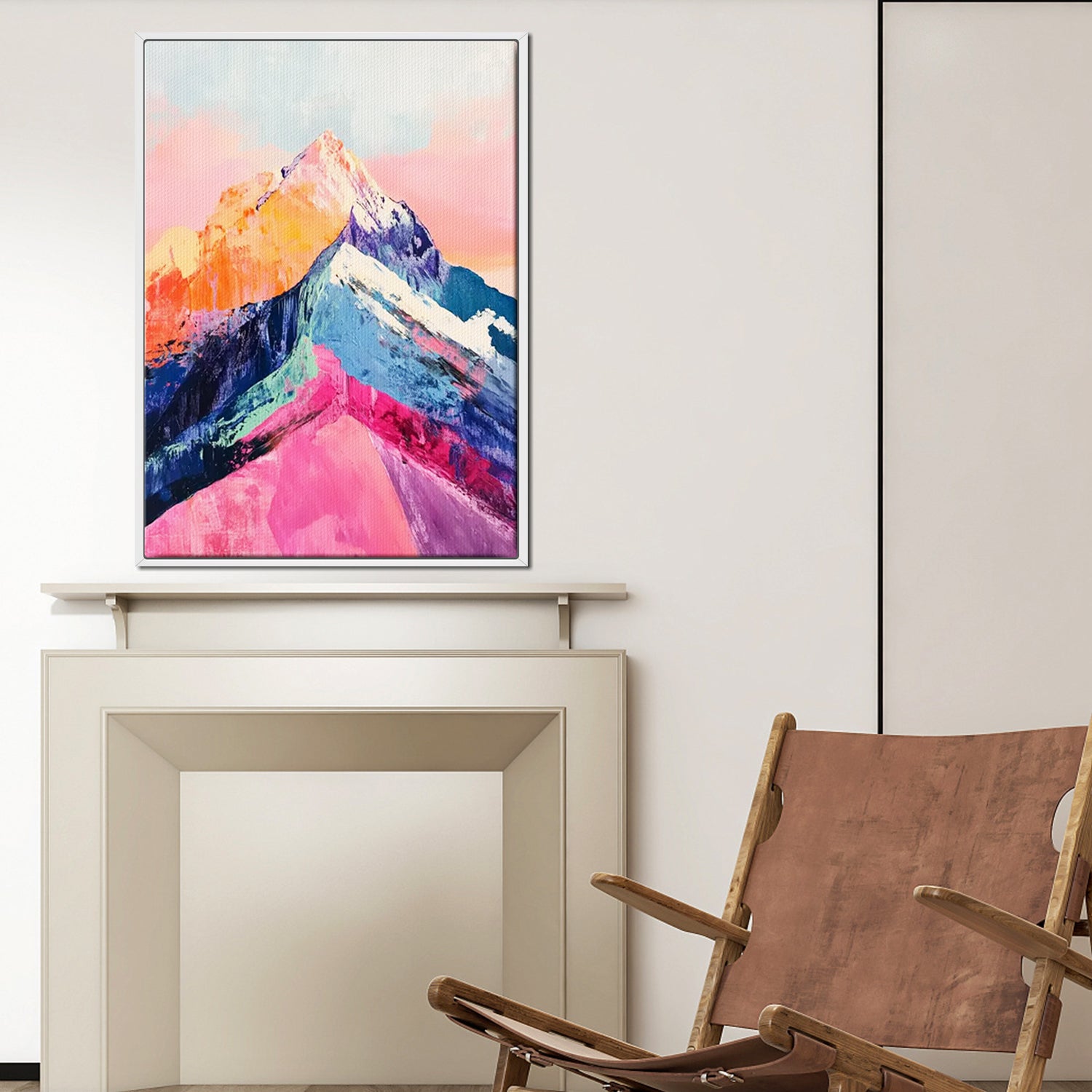 white frame abstract colorful mountains wall art canvas above the table