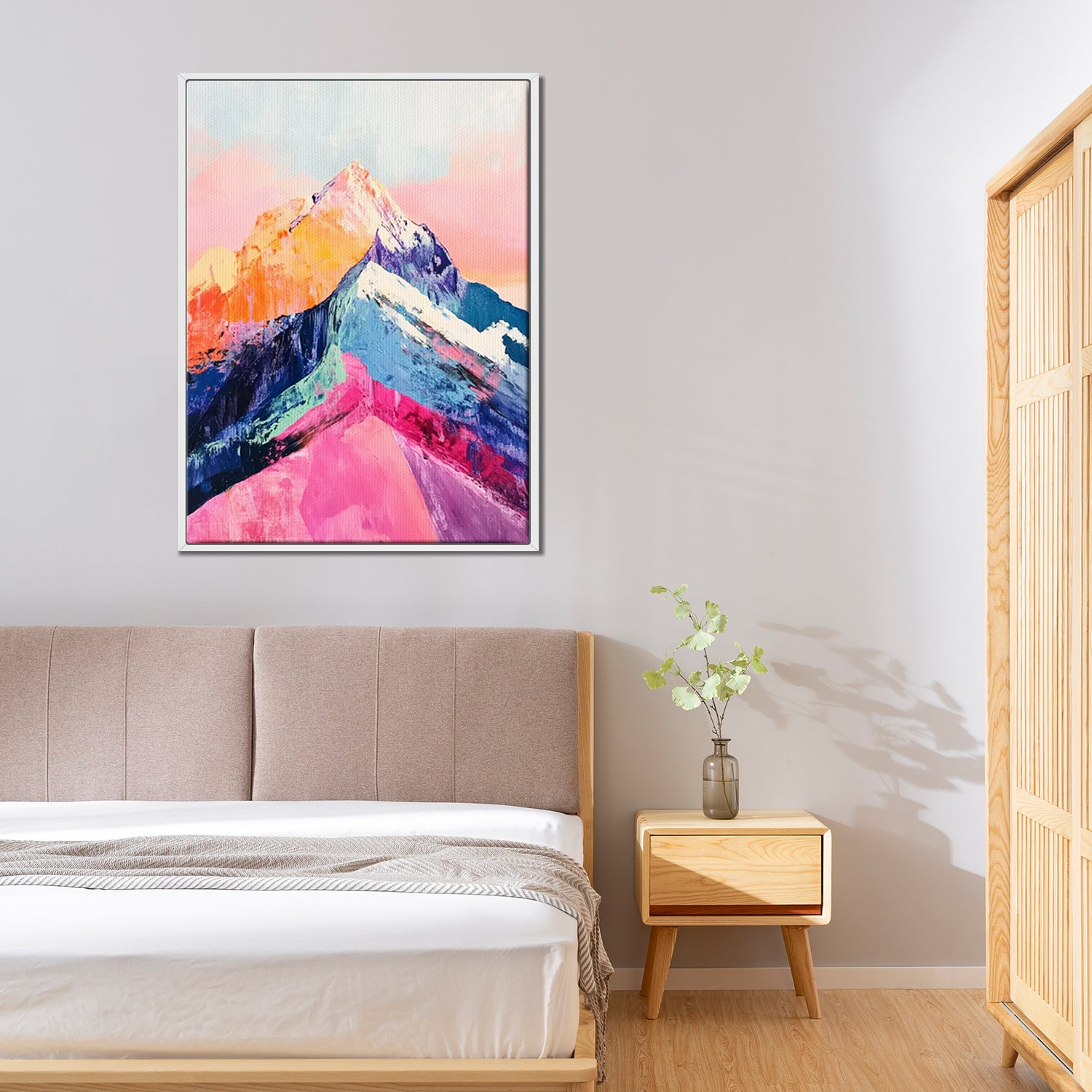 white frame abstract colorful mountains wall art painting in the bedroom