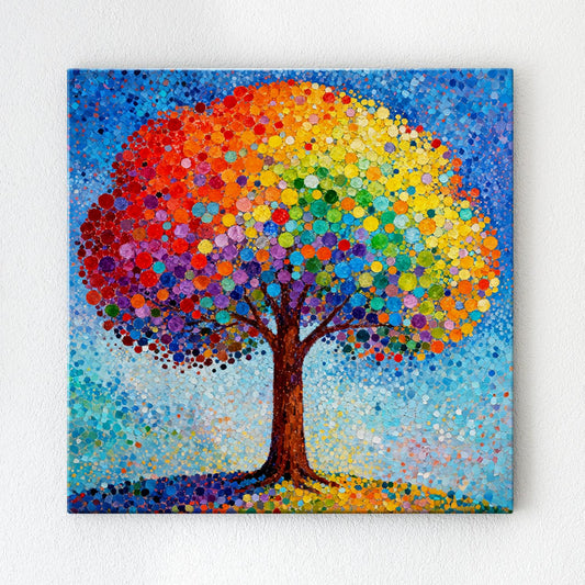 wall art painting shows a colorful rainbow tree