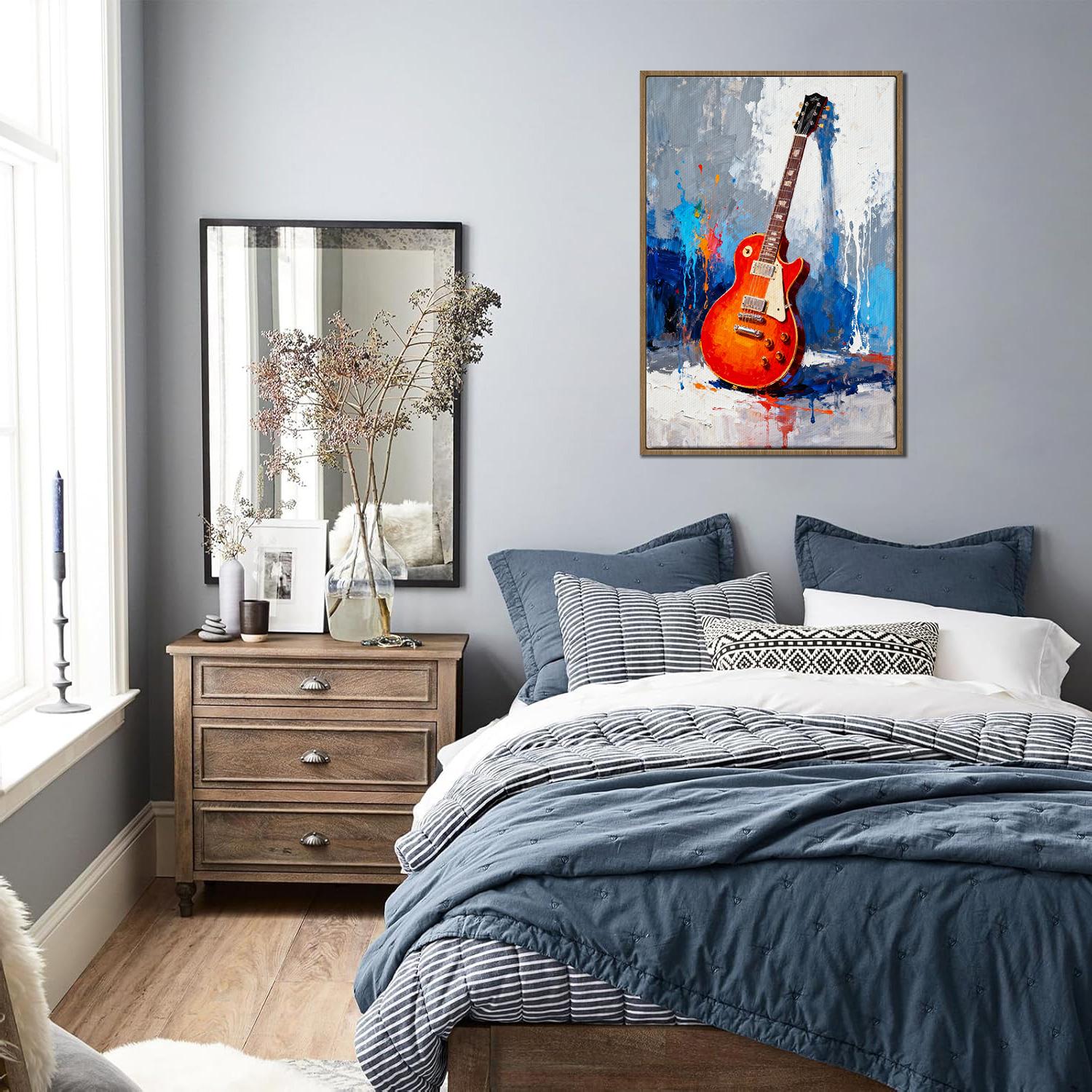 light oak color frame art canvas painting showing a colorful electric guitar