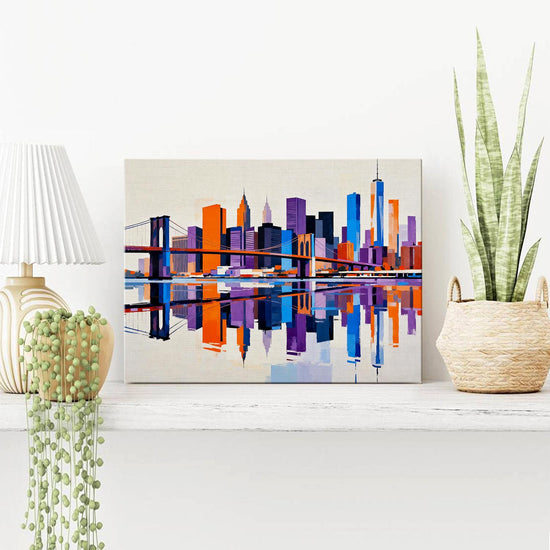 wall art canvas painting on the table depicts city skylines