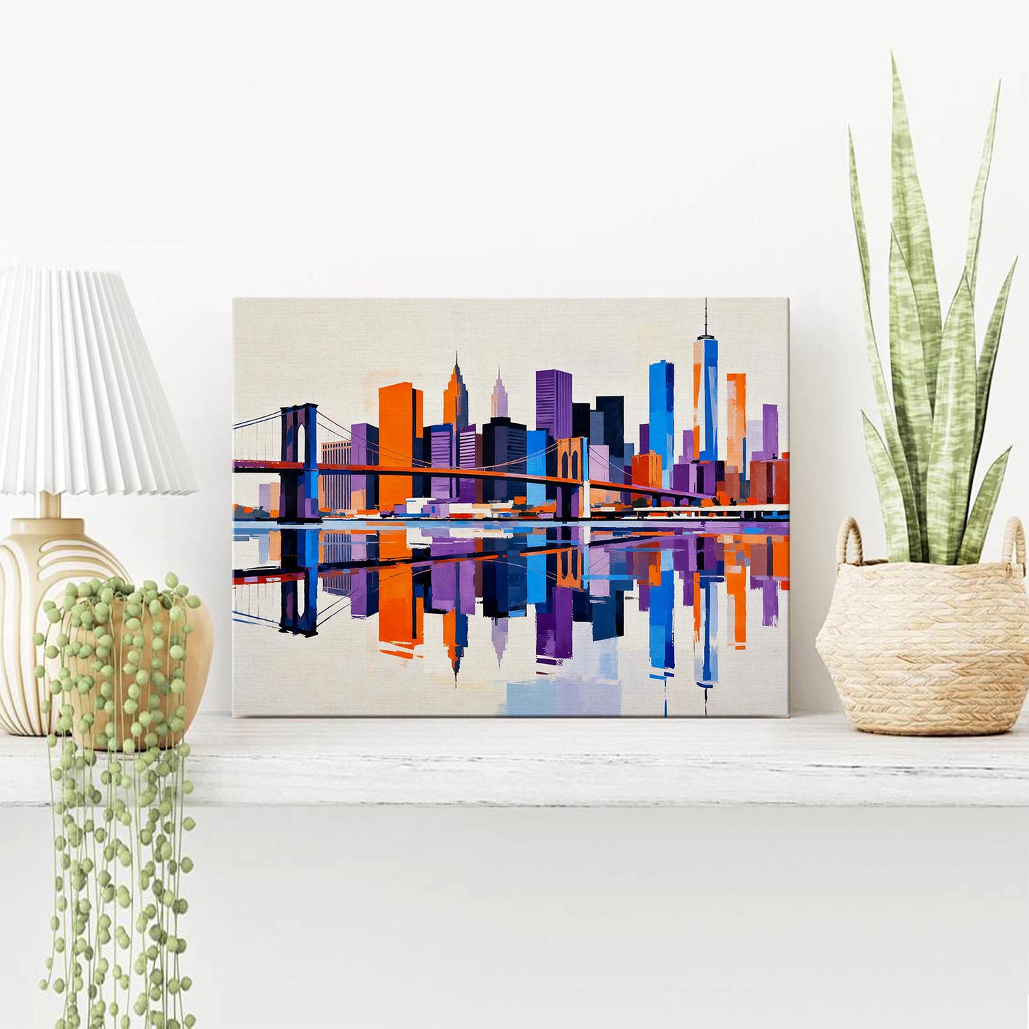 wall art canvas painting on the table depicts city skylines