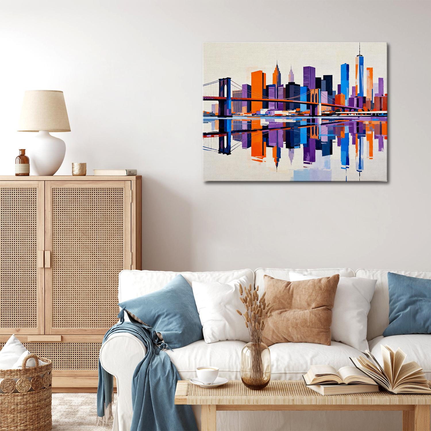 living room wall art canvas painting depicts city skylines
