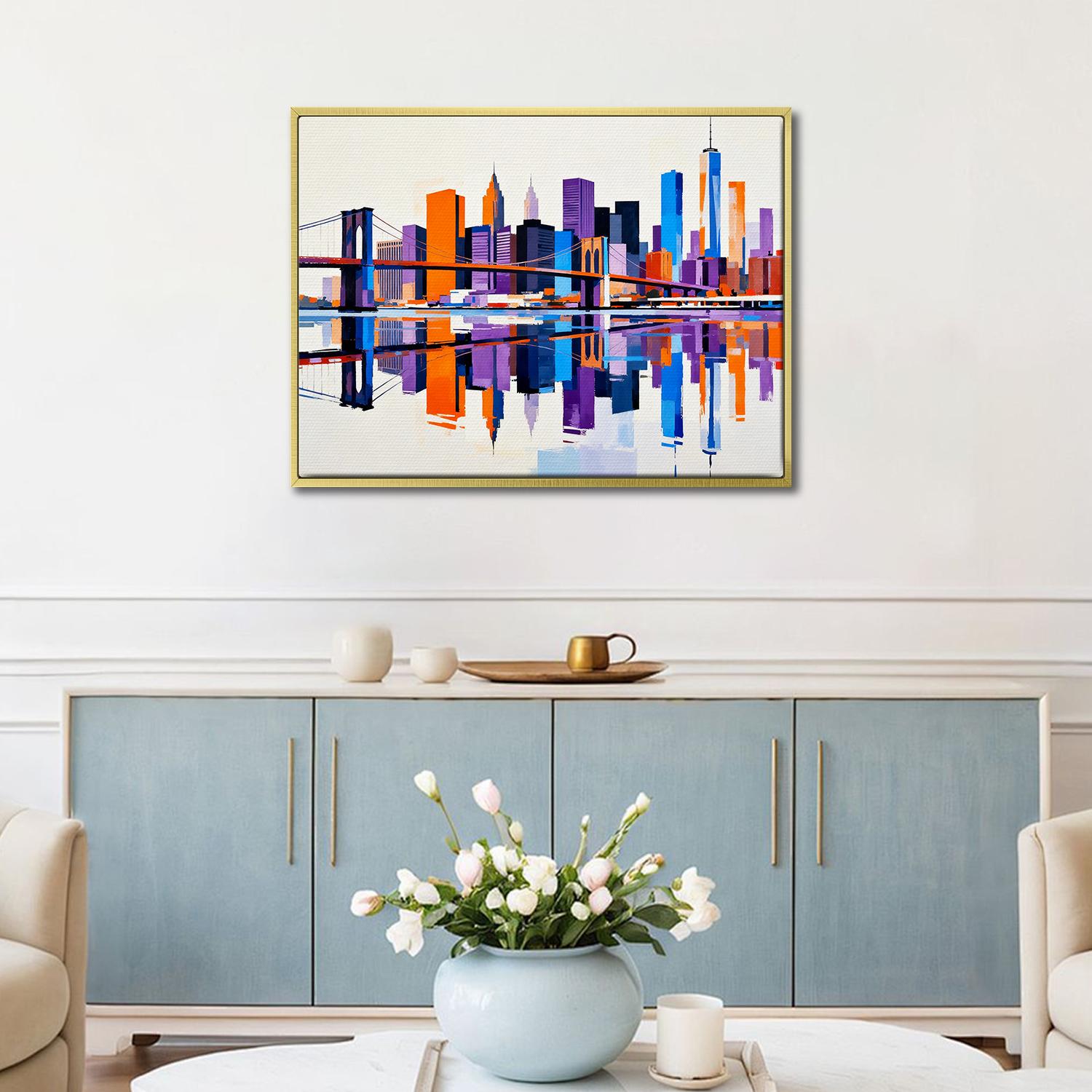 gold frame wall art canvas painting depicts city skylines
