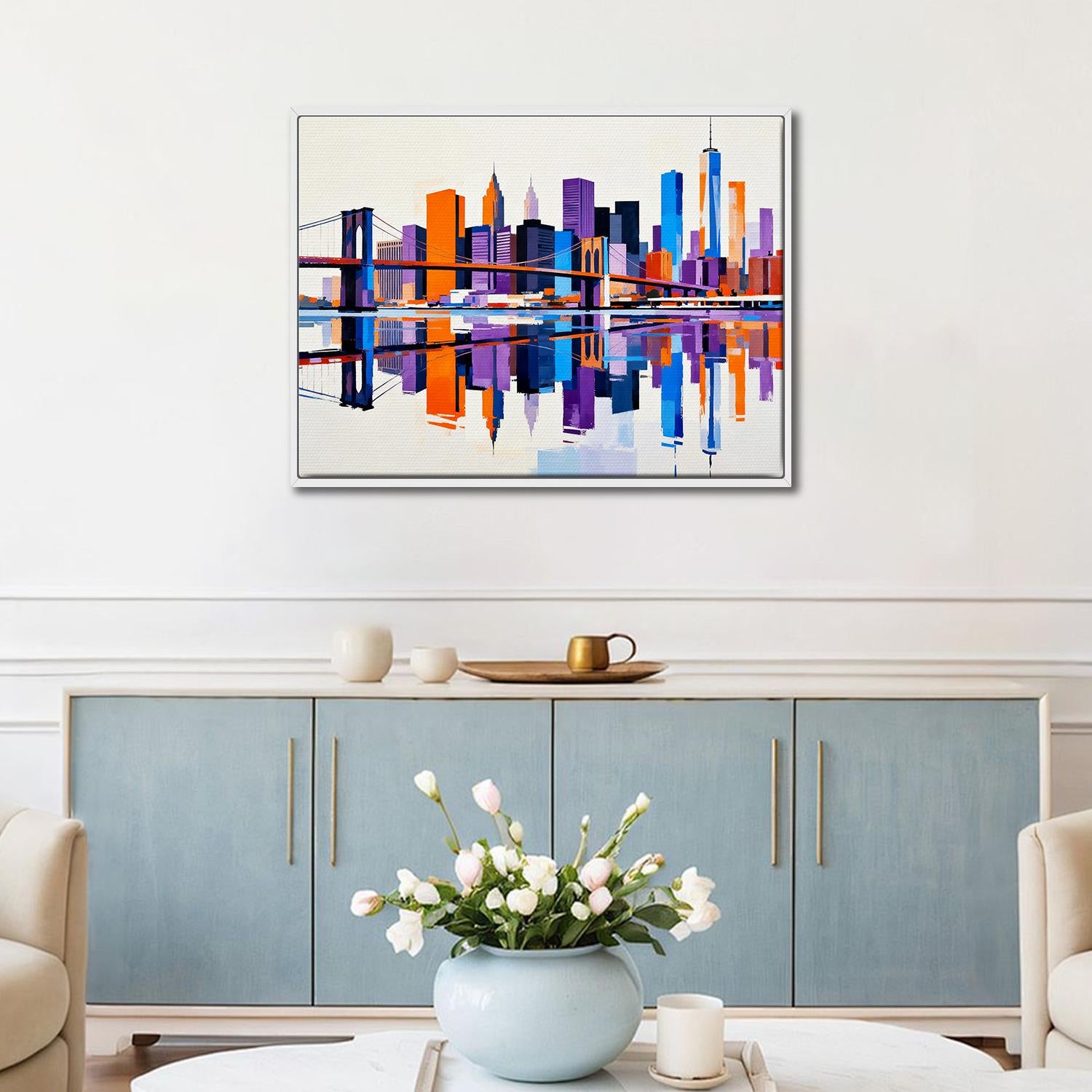 white frame wall art canvas painting depicts city skylines
