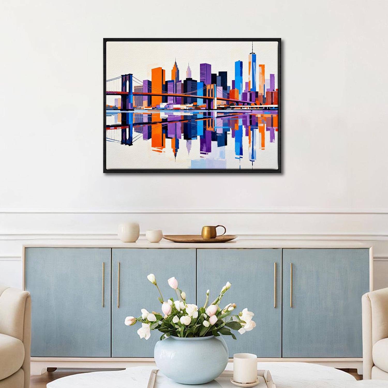 black frame wall art canvas painting depicts city skylines
