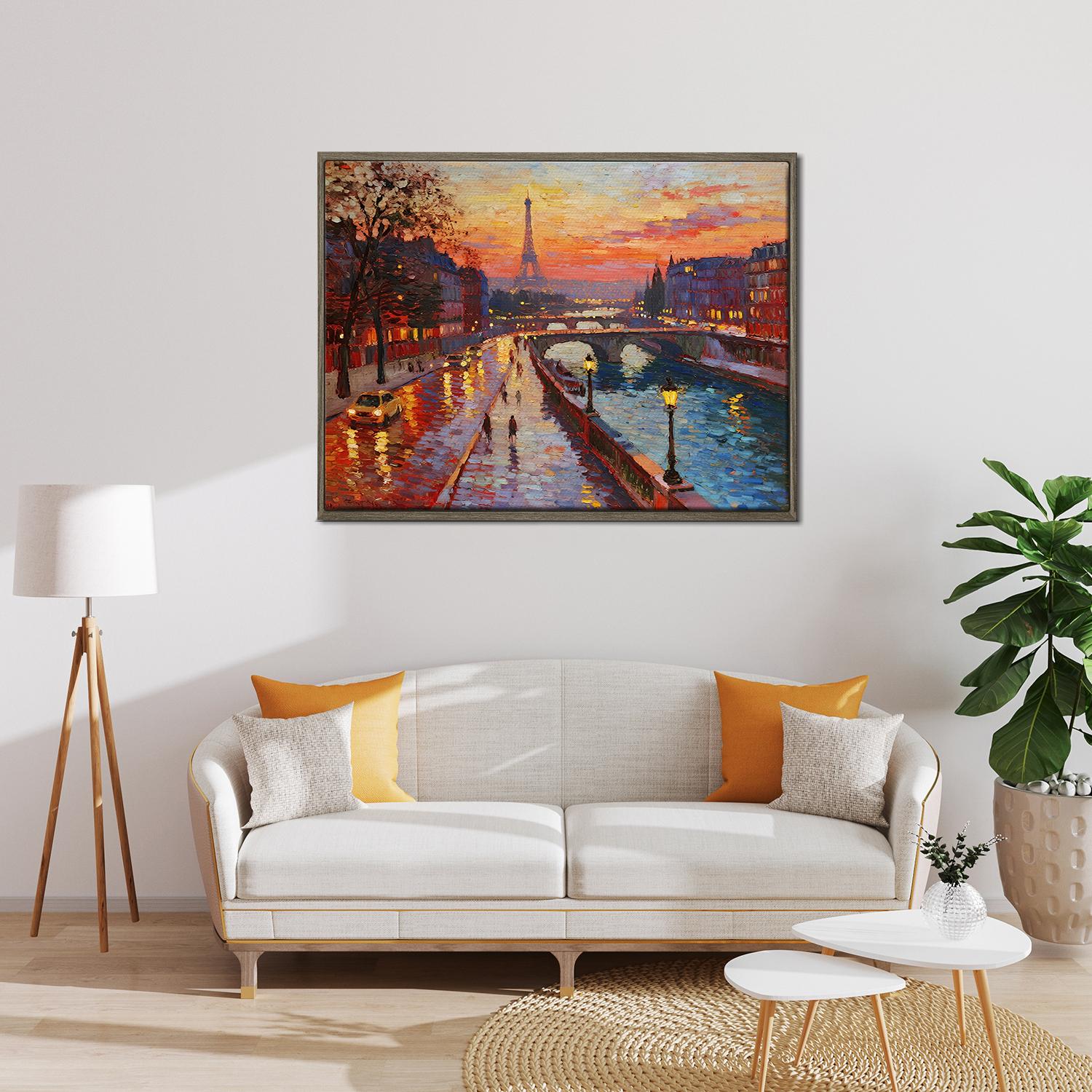 coffee frame wall art painting depicting the beautiful sunset scenery of the Seine River in Paris hangs on the wall of the living room