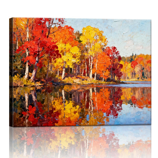 wall art painting depicting the beautiful scenery of the lakeside in autumn