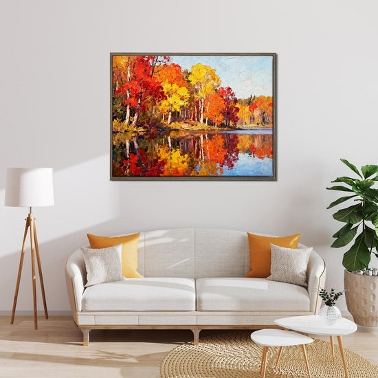 coffee frame wall art painting of an autumn lakeside hangs on a simple and bright interior wall