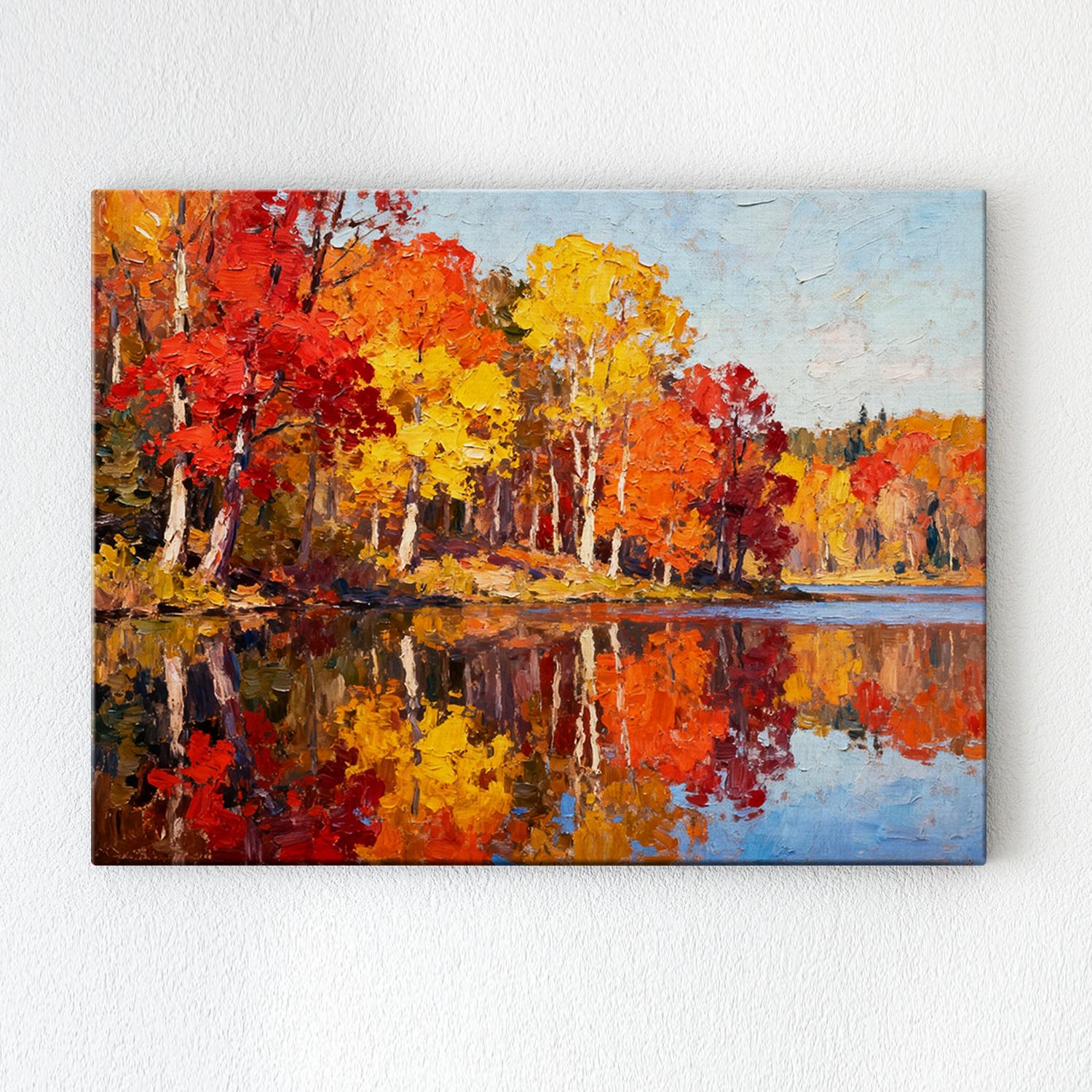 wall art painting depicting the beautiful scenery of the lakeside in autumn