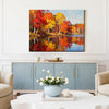 wall art painting of an autumn lakeside hangs on a simple and bright interior wall