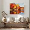 wall art painting of an autumn lakeside hangs on a simple and bright interior wall
