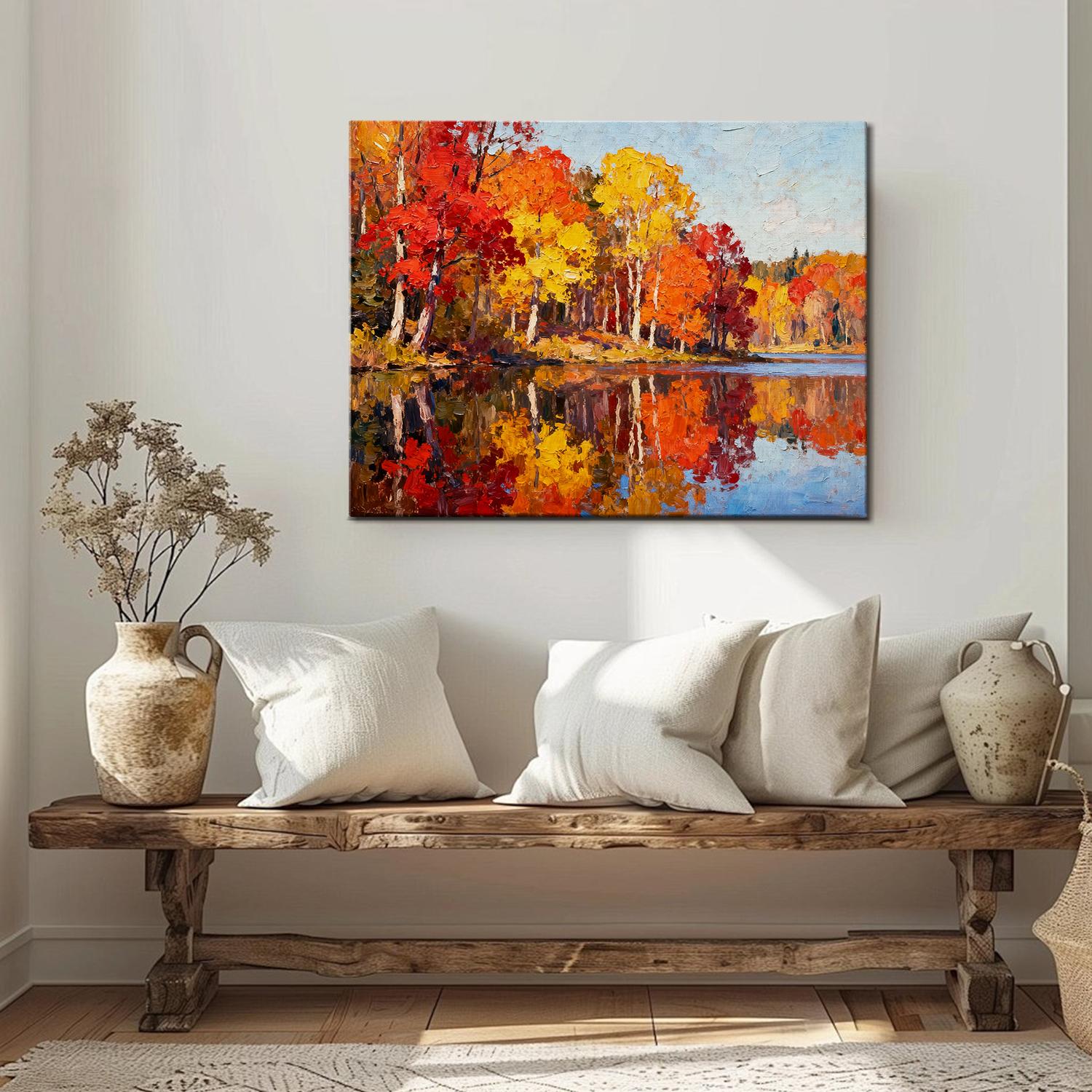 wall art painting of an autumn lakeside hangs on a simple and bright interior wall