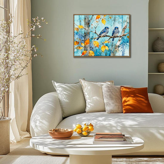 light oak color frame wall art canvas showing two bluebirds perched on a branch