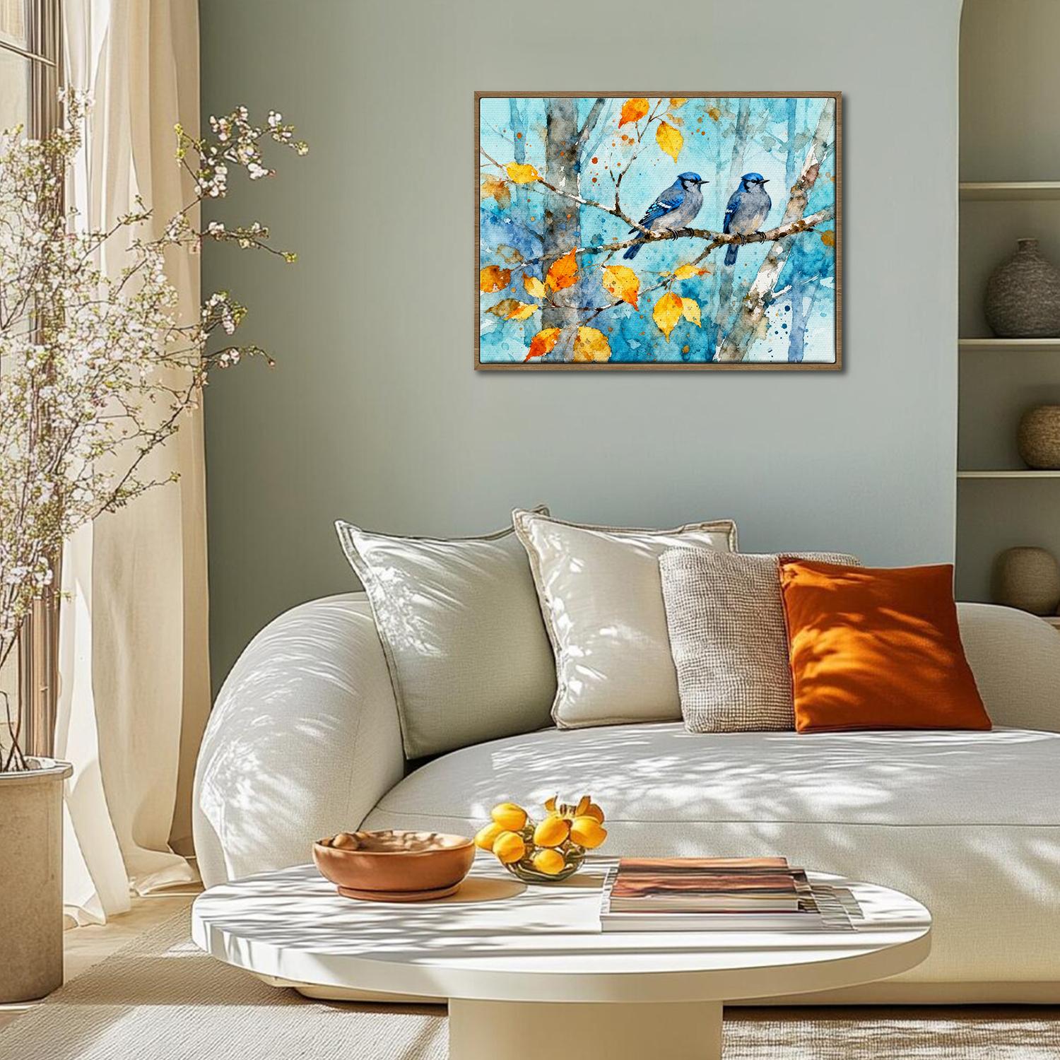 light oak color frame wall art canvas showing two bluebirds perched on a branch