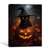 Black Cat Witch Hat Glowing Jack O Lantern Dark Forest Halloween Canvas Wall Art