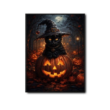 Black Cat Witch Hat Glowing Jack O Lantern Dark Forest Halloween Canvas Wall Art