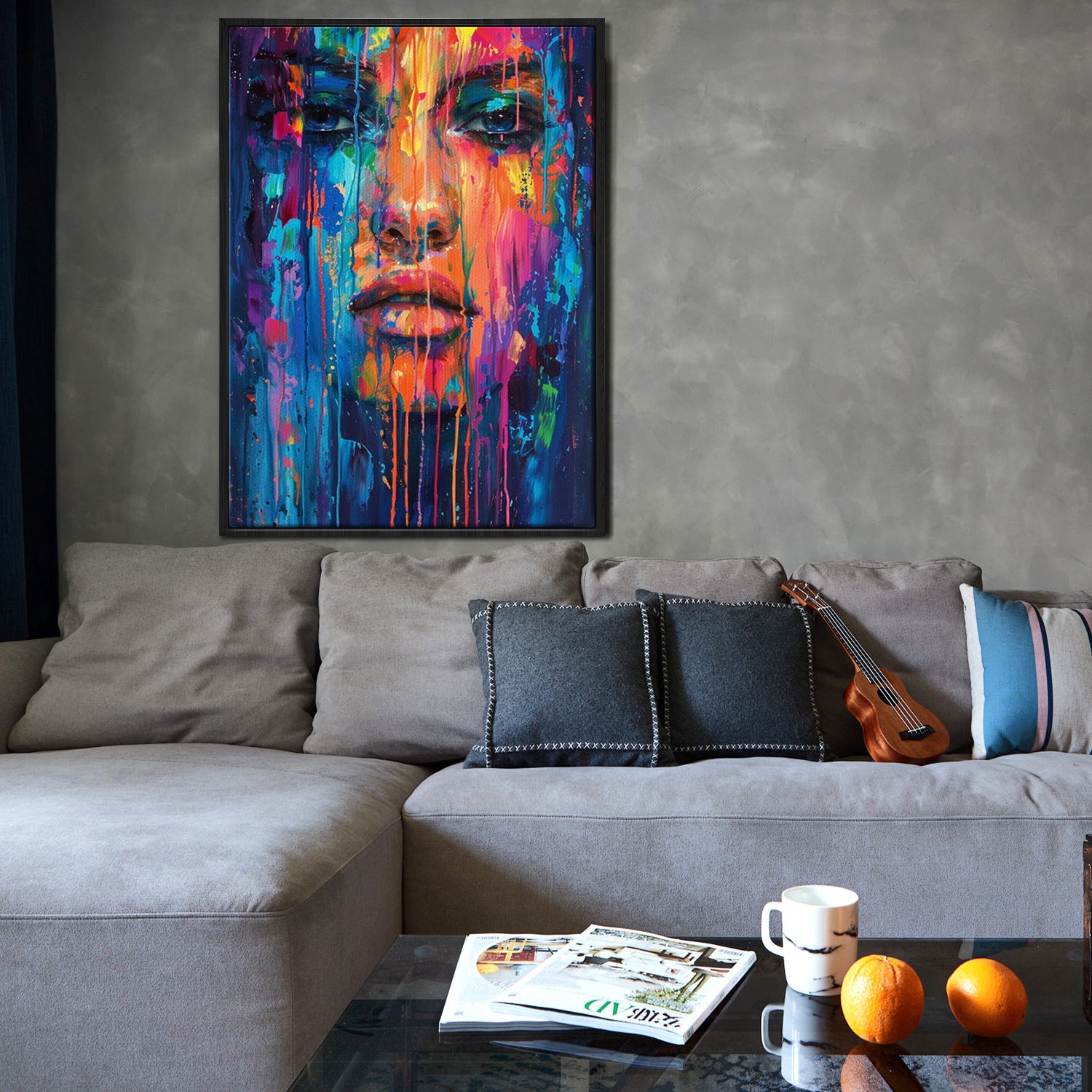 black frame abstract beautiful woman wall art painting above the sofa