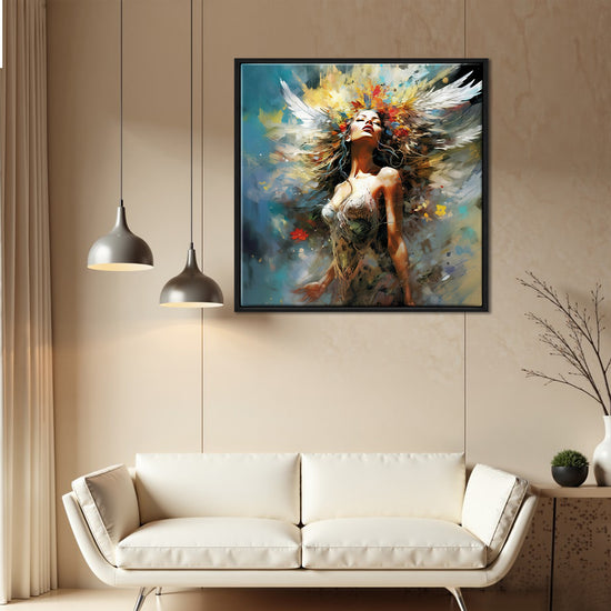 black frame flower goddess wall art canvas above the sofa
