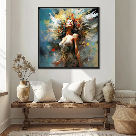 black frame flower goddess wall art canvas in the living room