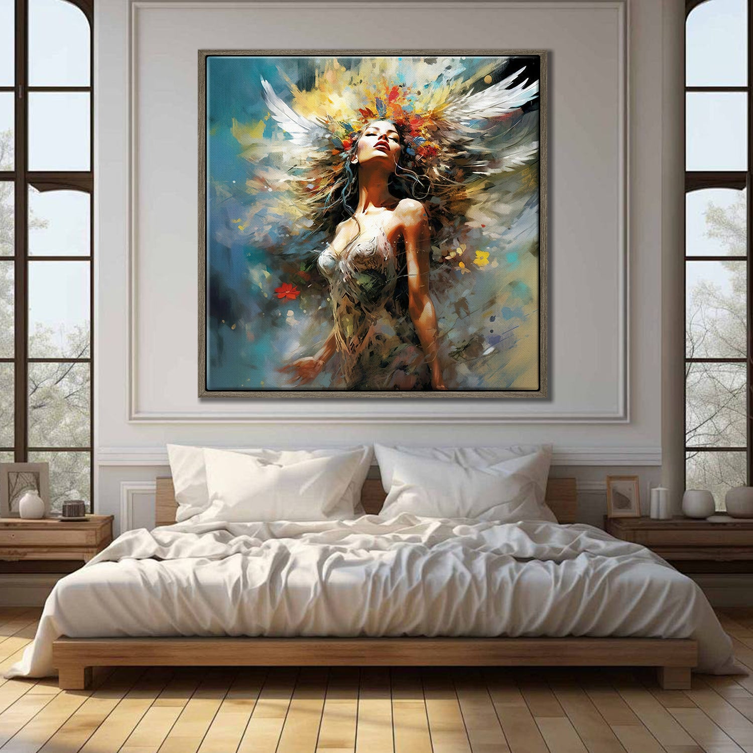 coffee frame flower goddess wall art canvas in the bedroom