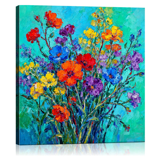 wall art canvas painting depicts a gorgeous and colorful bouquet of flowers.
