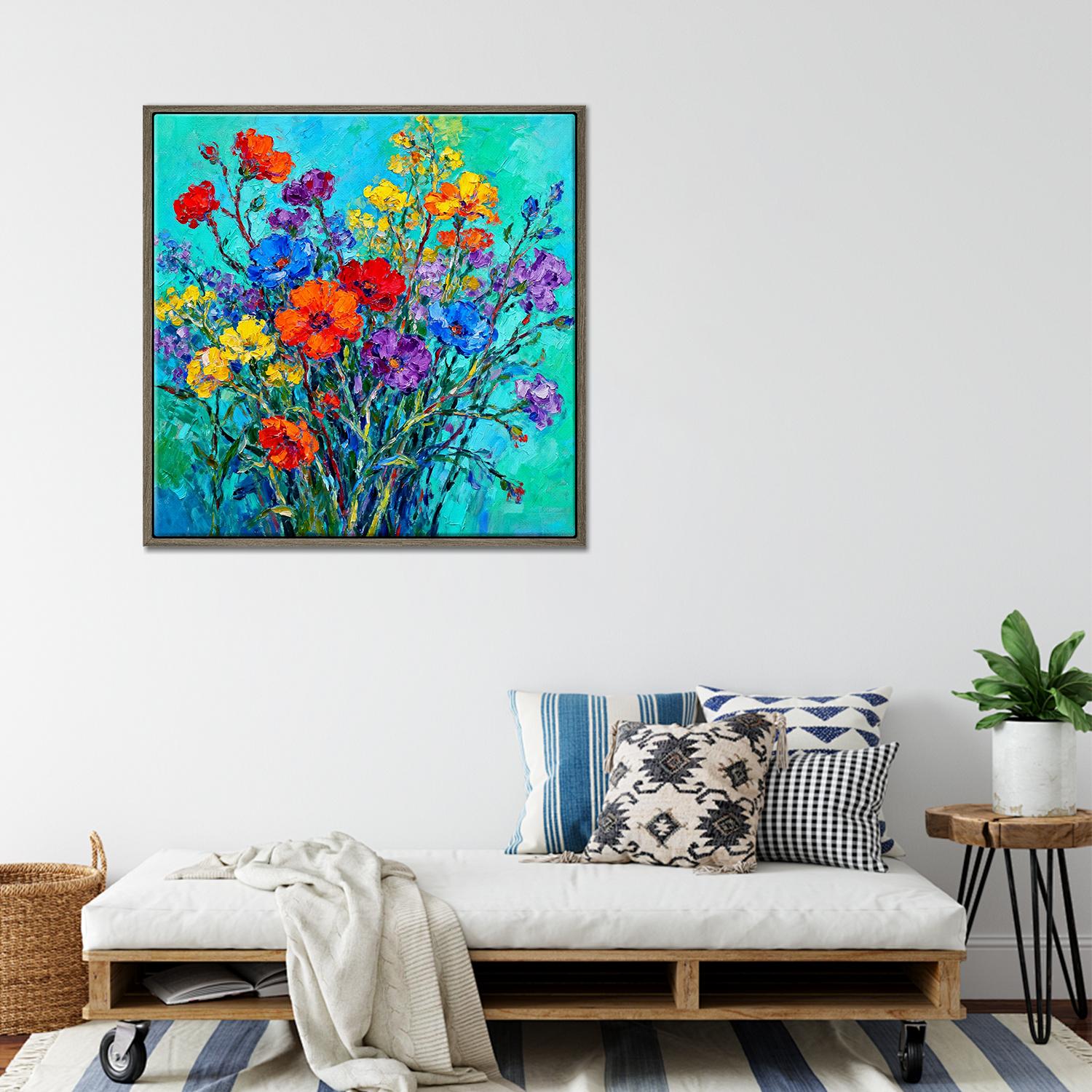 coffee frame wall art canvas painting depicts a gorgeous and colorful bouquet of flowers.