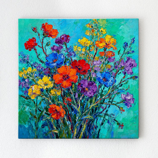 wall art canvas painting depicts a gorgeous and colorful bouquet of flowers.