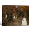 Cute White Ghost Autumn Forest Path Vintage Farmhouse Halloween Canvas Wall Art