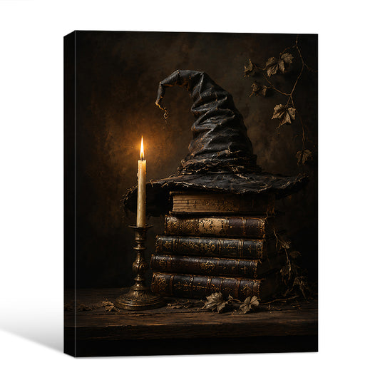 Dark Academia Witch Hat Old Books Candle Halloween Canvas Wall Art