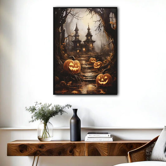 Spooky Haunted House Jack O Lantern Forest Halloween Canvas Wall Art