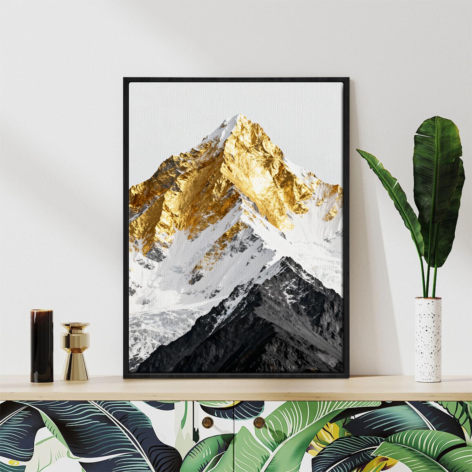 black frame wall art canvas shows a snowy mountain with its summit covered in gold