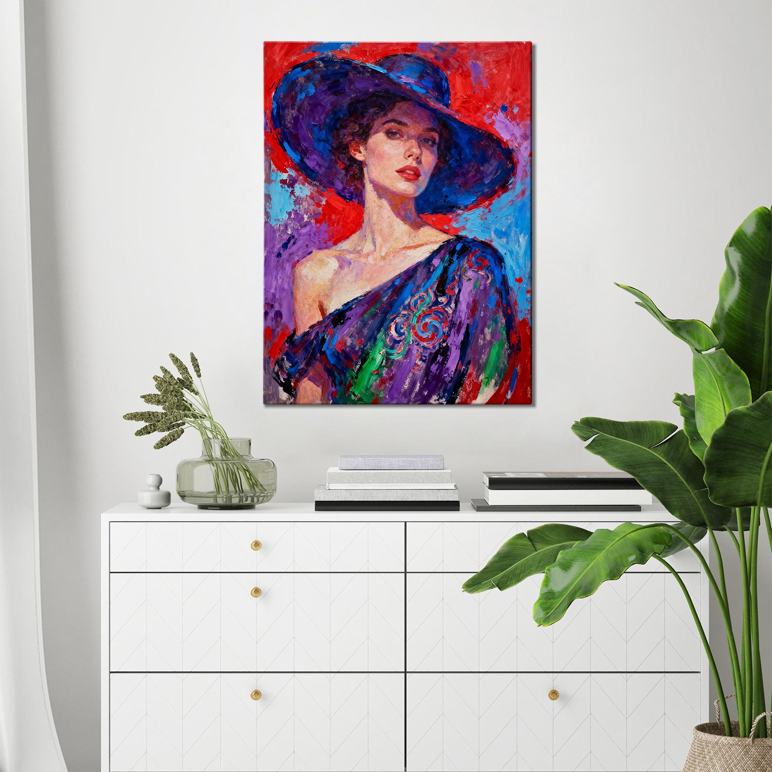 wall art painting of a lady's portrait hanging on a white wall in a room