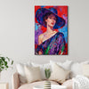 wall art painting of a lady's portrait hanging on a white wall in a room