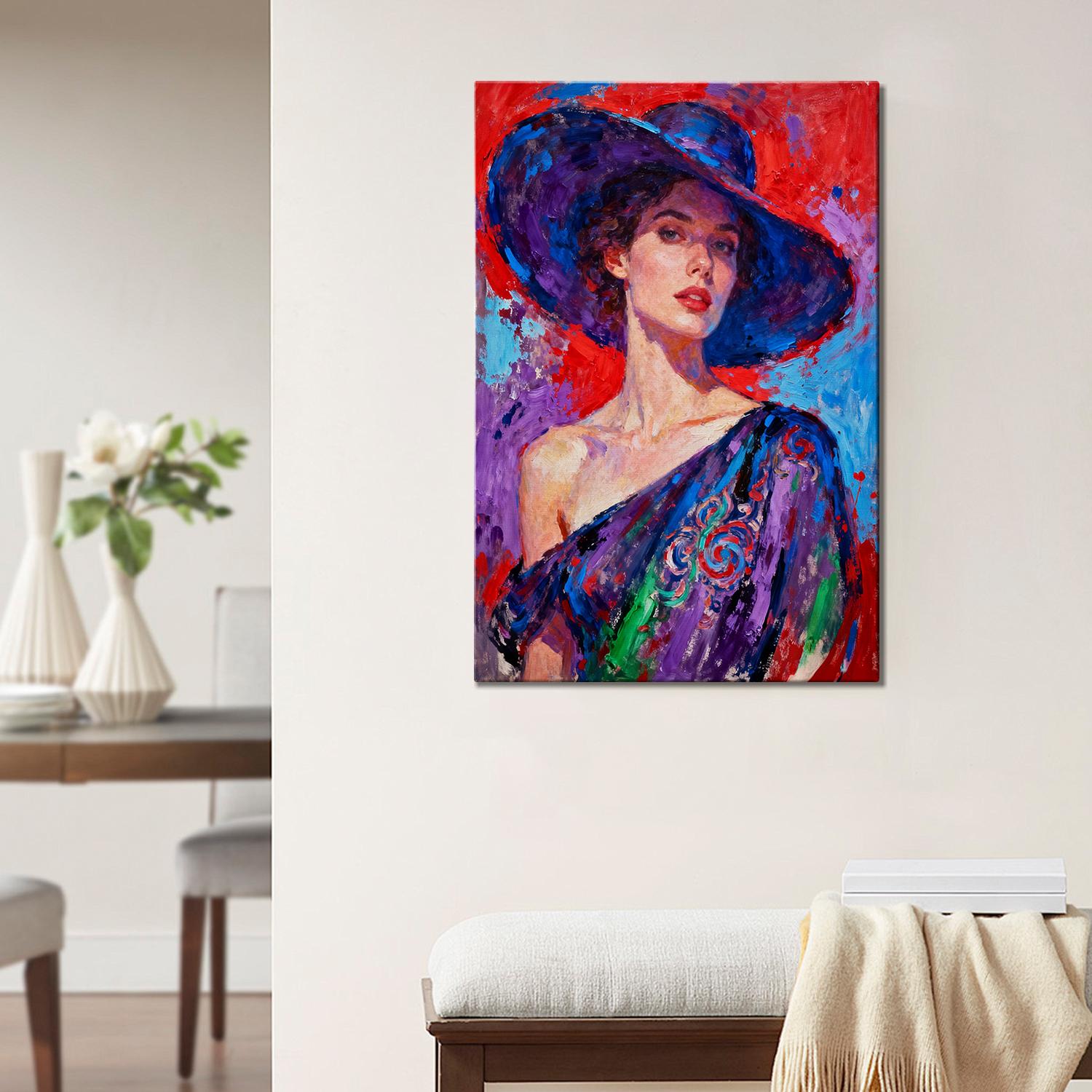 wall art painting of a lady's portrait hanging on a white wall in a room