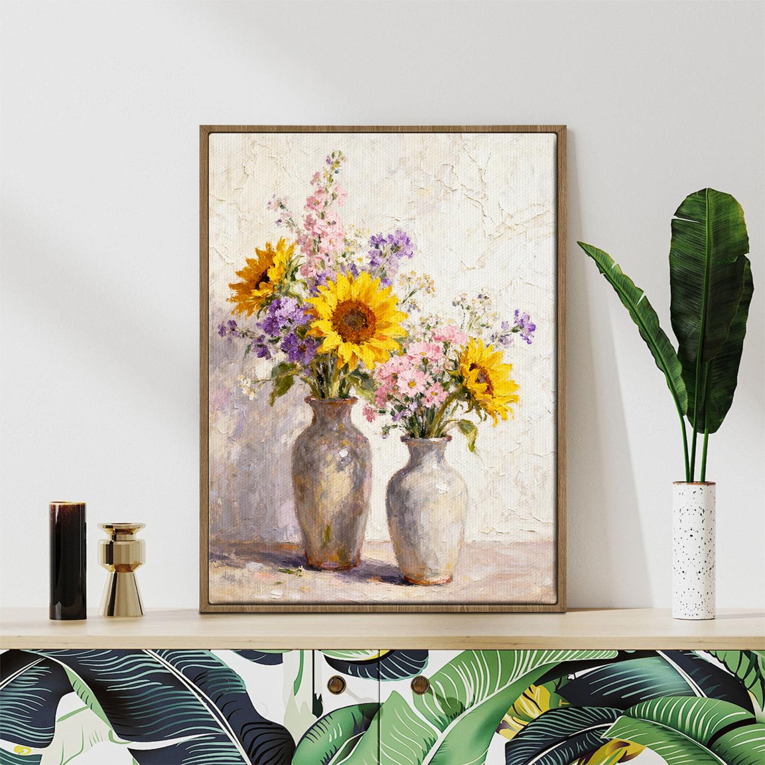 light oak color frame wall art canvas depicts two vases filled with colorful flowers