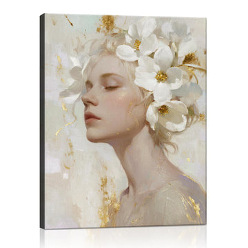 wall art canvas painting depicts a woman wearing white flowers