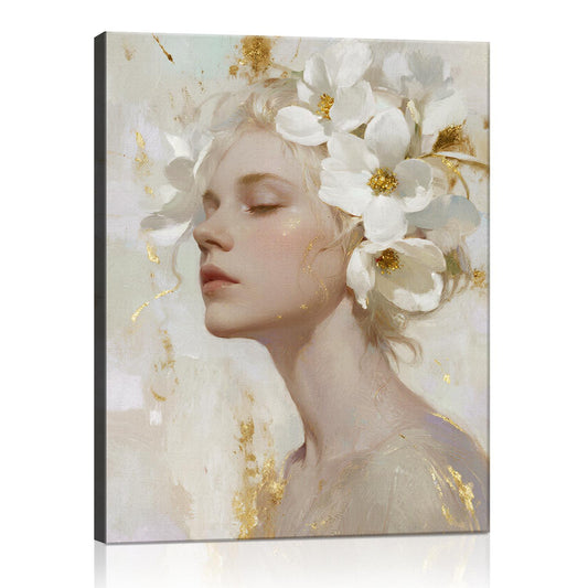 wall art canvas painting depicts a woman wearing white flowers