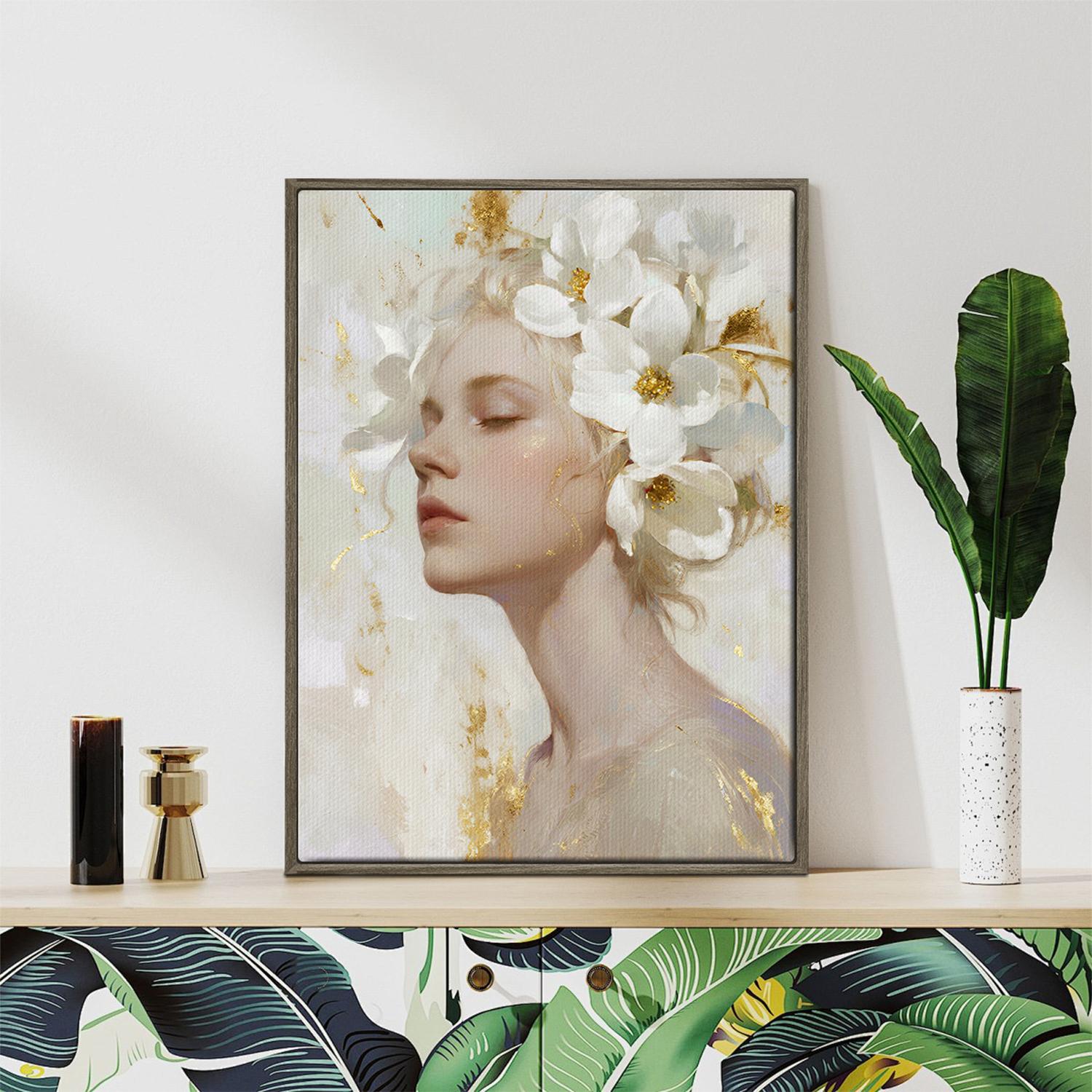 coffee frame wall art canvas painting depicts a woman wearing white flowers