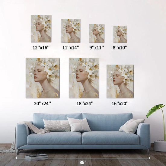 different size wall art canvas painting depicts a woman wearing white flowers
