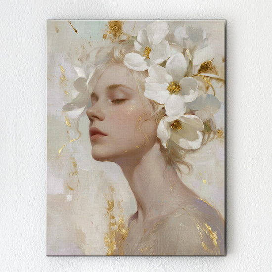 wall art canvas painting depicts a woman wearing white flowers
