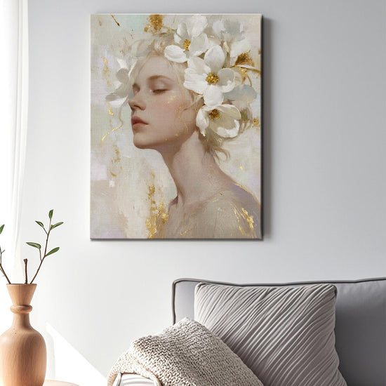 living room wall art canvas painting depicts a woman wearing white flowers
