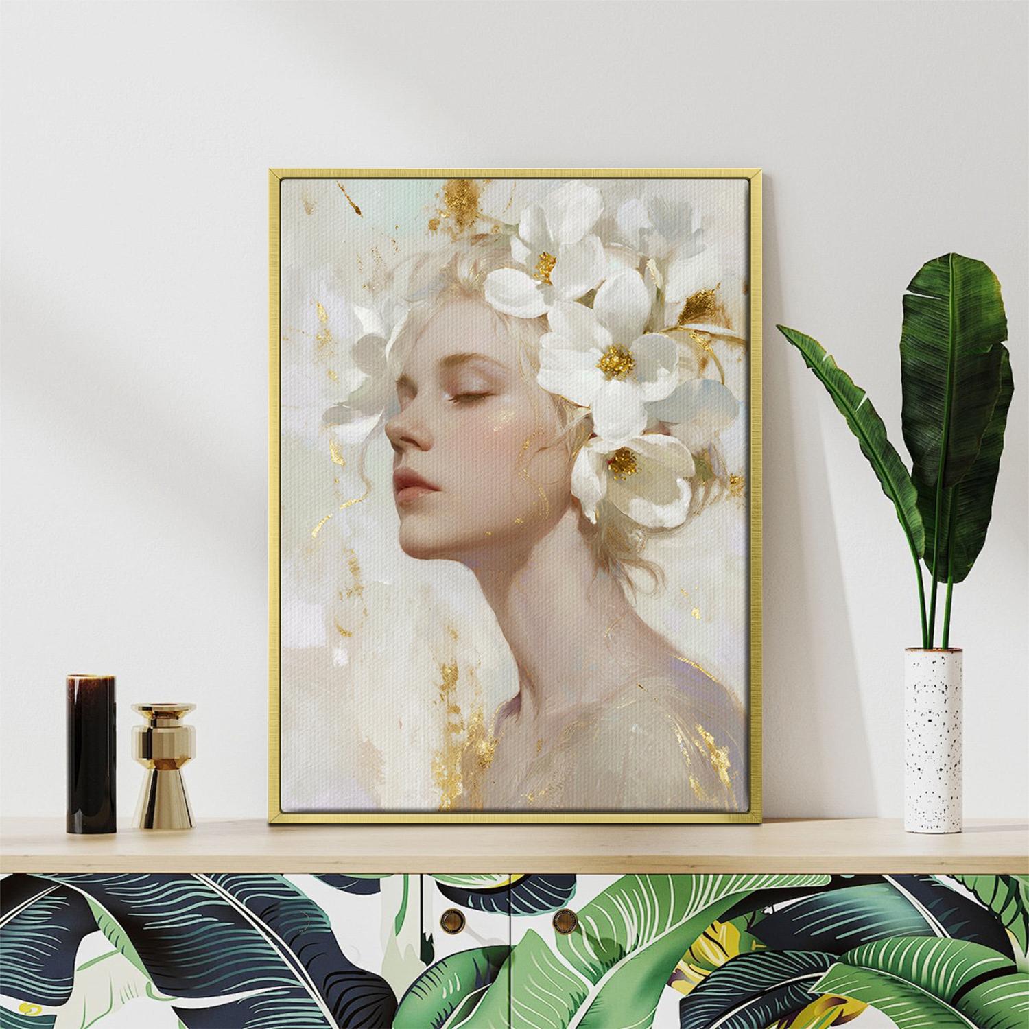 gold frame wall art canvas painting depicts a woman wearing white flowers
