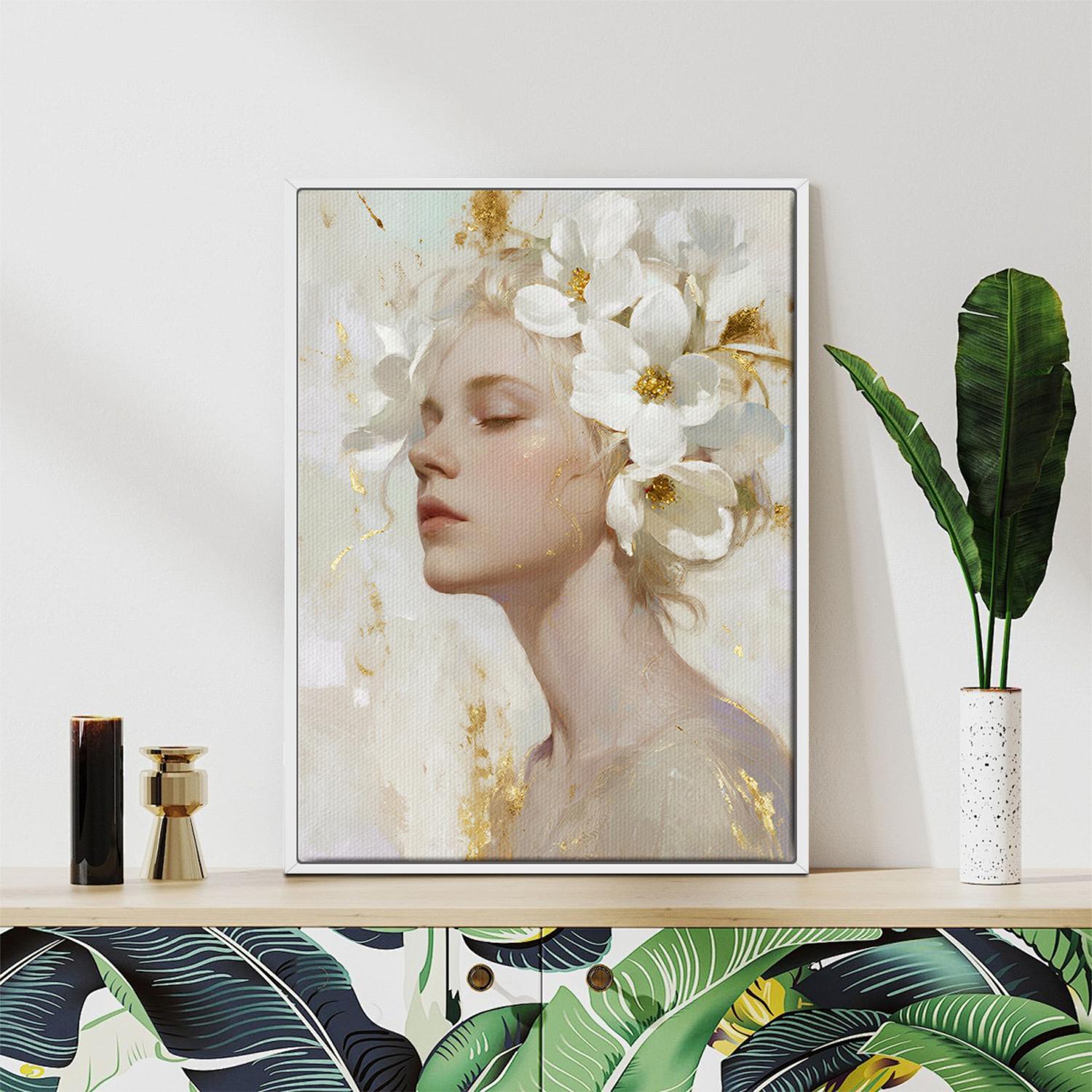 white frame wall art canvas painting depicts a woman wearing white flowers